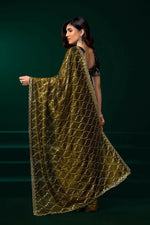 Thumbnail for Joban Fashion Mehandi Green Net Party Wear Sarees - Distacart