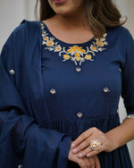 Thumbnail for The52 Blue Women's Gorgeous Viscose Fabric Embroidered Work Flared Kurta Pant and Dupatta Set - Distacart
