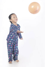 Thumbnail for Breathables Kids Cotton Owl Print Co-Ord Night Suit – Navy Blue - Dista
