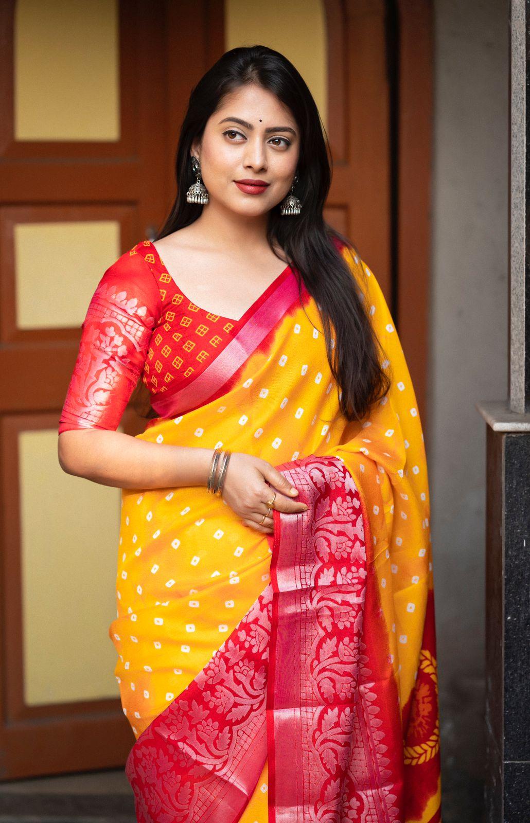 Yellow Jute Silk Printed Saree with Unstitched Blouse - Hiral Fashion - Distacart