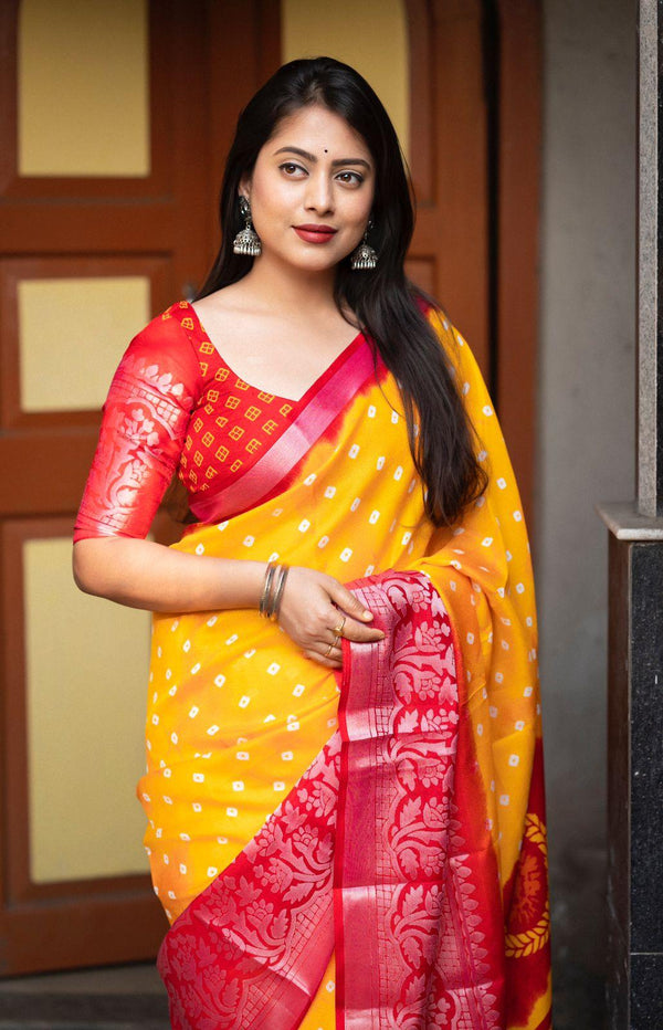 Yellow Jute Silk Printed Saree with Unstitched Blouse - Hiral Fashion - Distacart