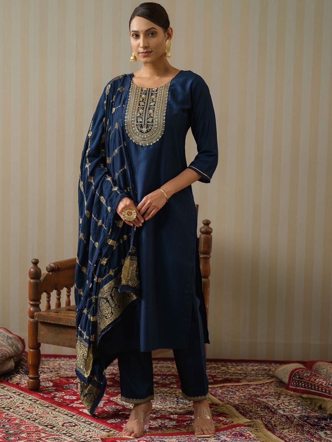 Ode by House of Pataudi Floral Yoke Design Silk Straight Kurta & Trousers With Dupatta - Distacart