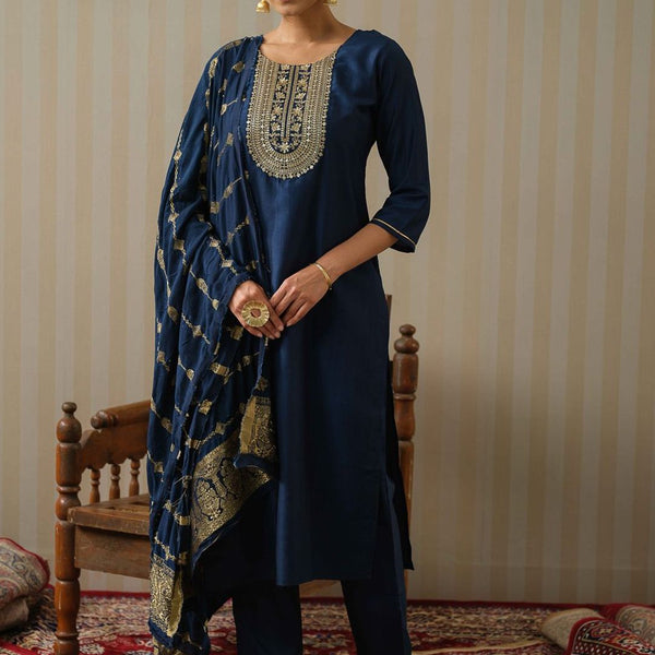 Ode by House of Pataudi Floral Yoke Design Silk Straight Kurta & Trousers With Dupatta - Distacart