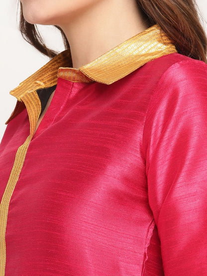 Ahalyaa Women's Dark Pink Poly Silk Kurta Trouser Set