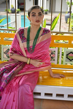 Thumbnail for Vishnu Weaves Women's Pink Raw Silk Patola Zari Woven Saree with Blouse