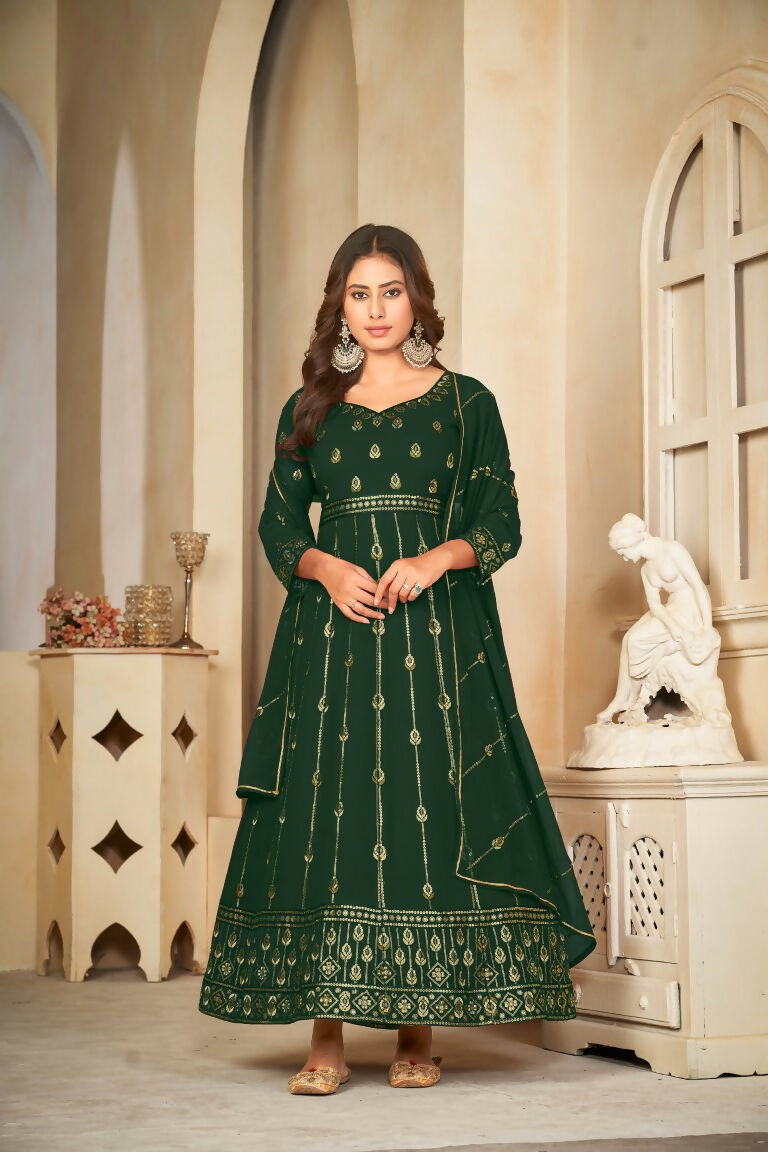 Jyoti Fashion Women's Bottle Green Georgette Embroidered Anarkali Kurta Pant Set With Dupatta - Distacart