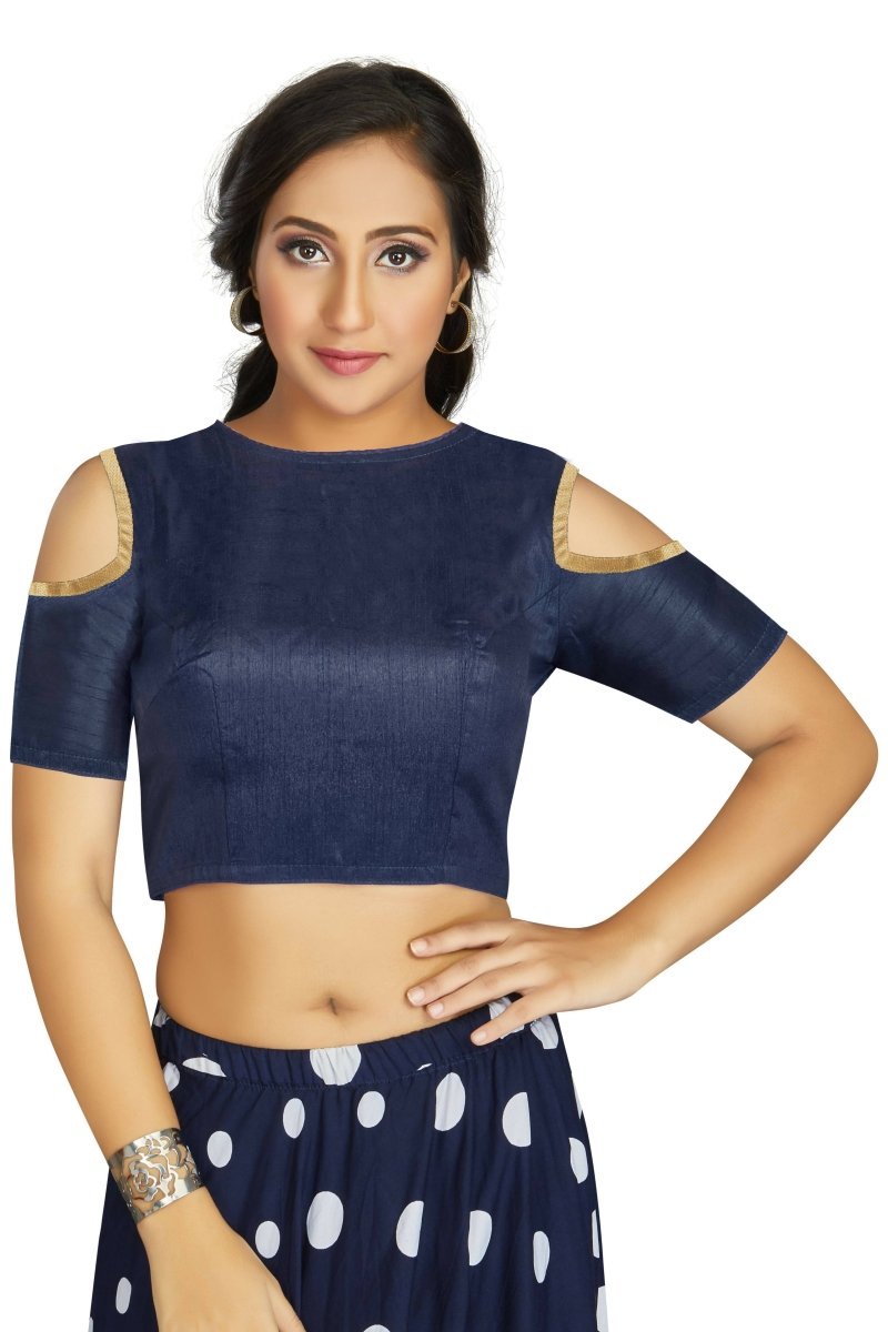 Aastha Fashion Women's Navy Blue Art Silk Cold Shoulder Sleeve Readymade Blouse - Distacart
