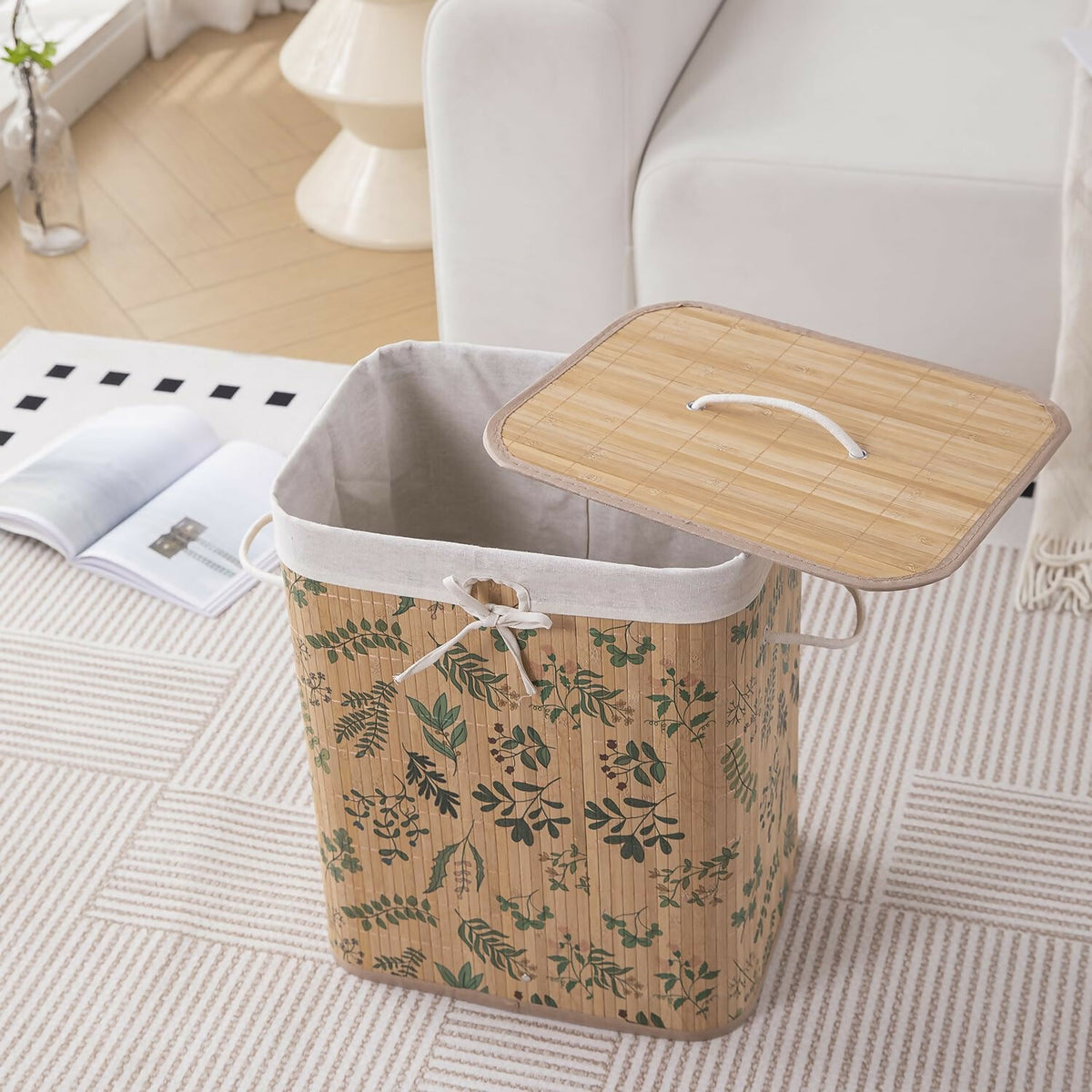 HOKIPO Eco-Friendly Foldable Bamboo Laundry Basket Hamper with Lid - Ficus Leaves - Dista