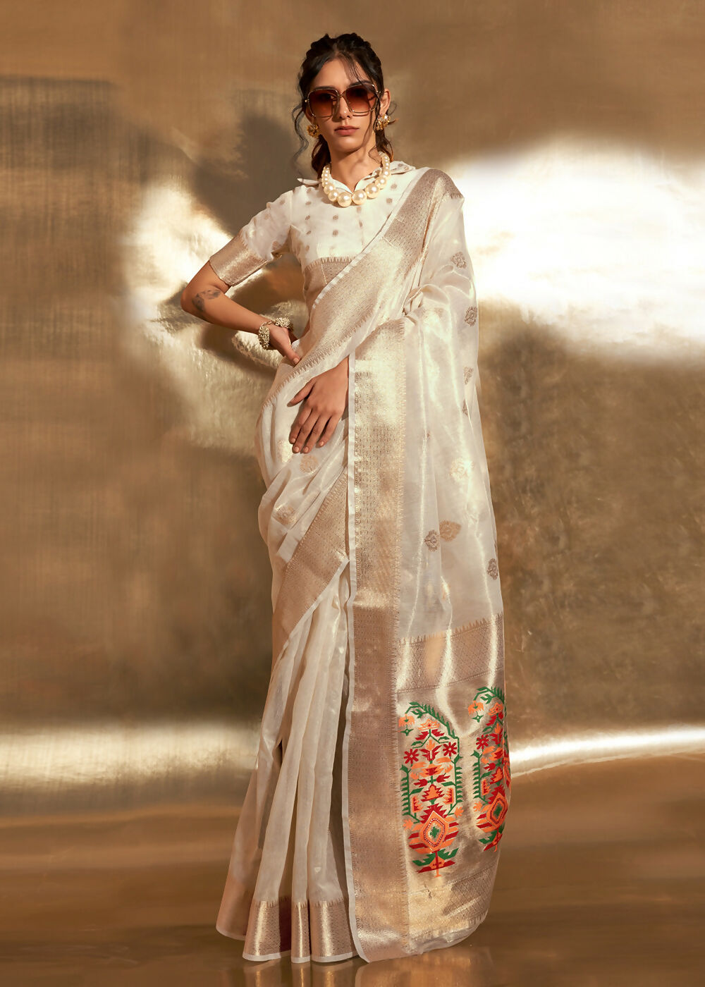 Off White Handwoven Tissue Fabric Festive & Party Style Saree - Emponline - Distacart