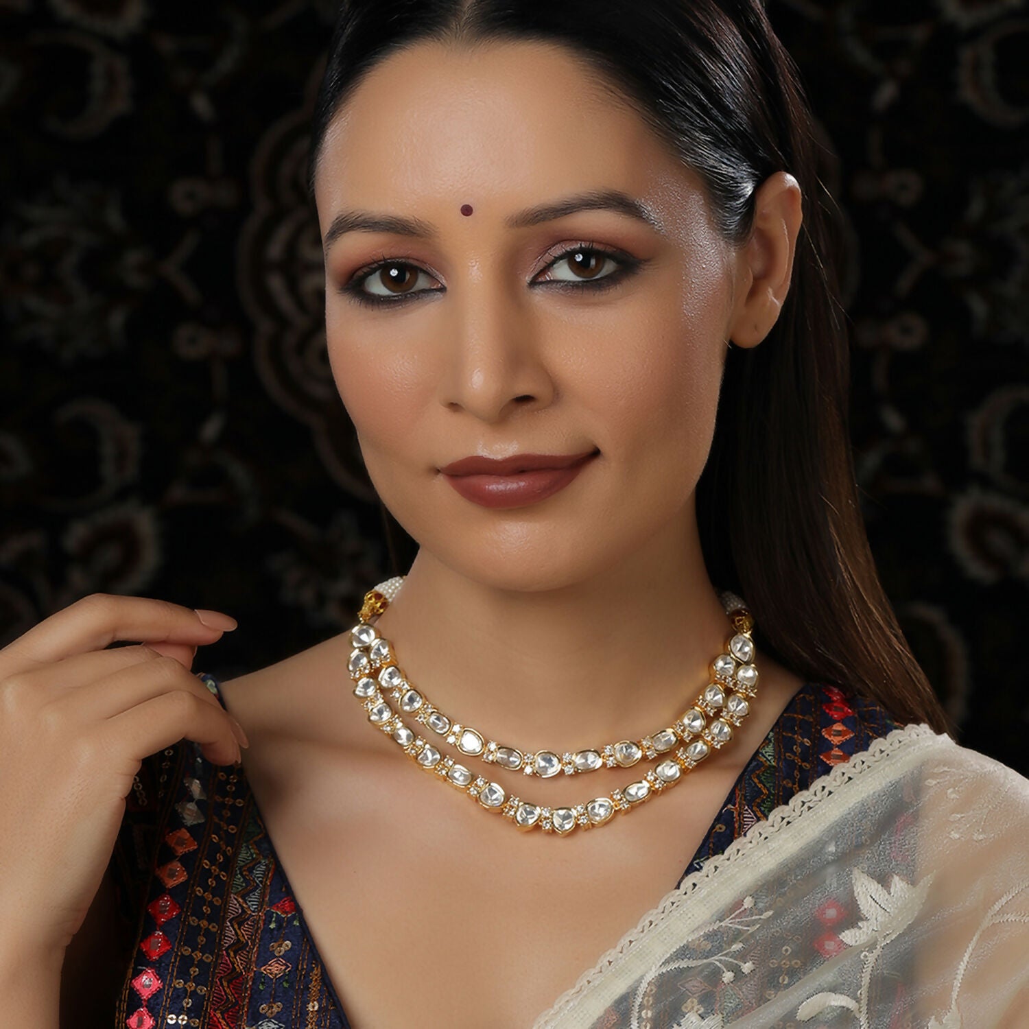 Double Layered Kundan and American Diamond Neckpiece (Gold) - Ruby Raang - Distacart