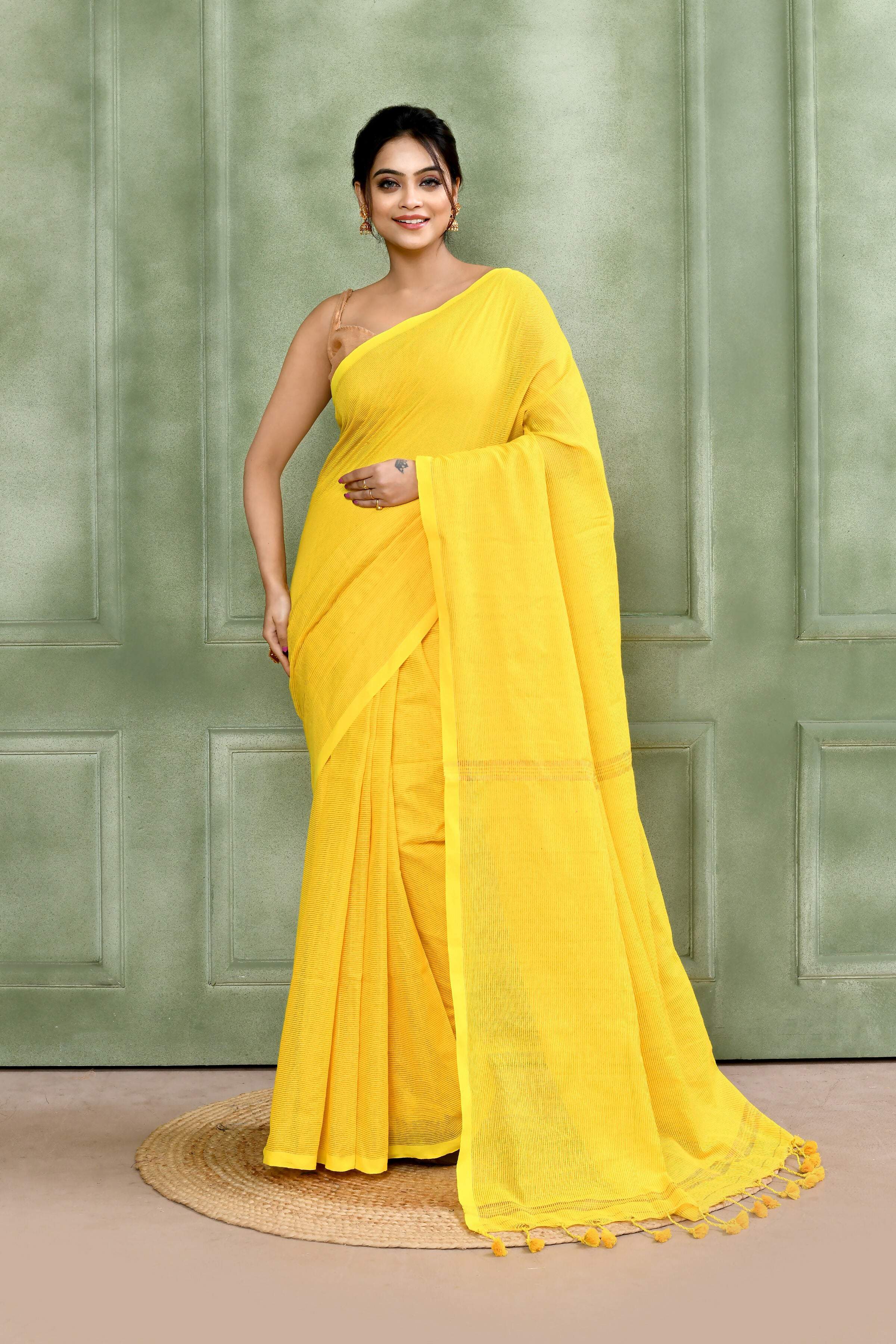 Piyari Fashion Women's Yellow Embellished Cotton Blend Zari Check Handloom Saree - Distacart