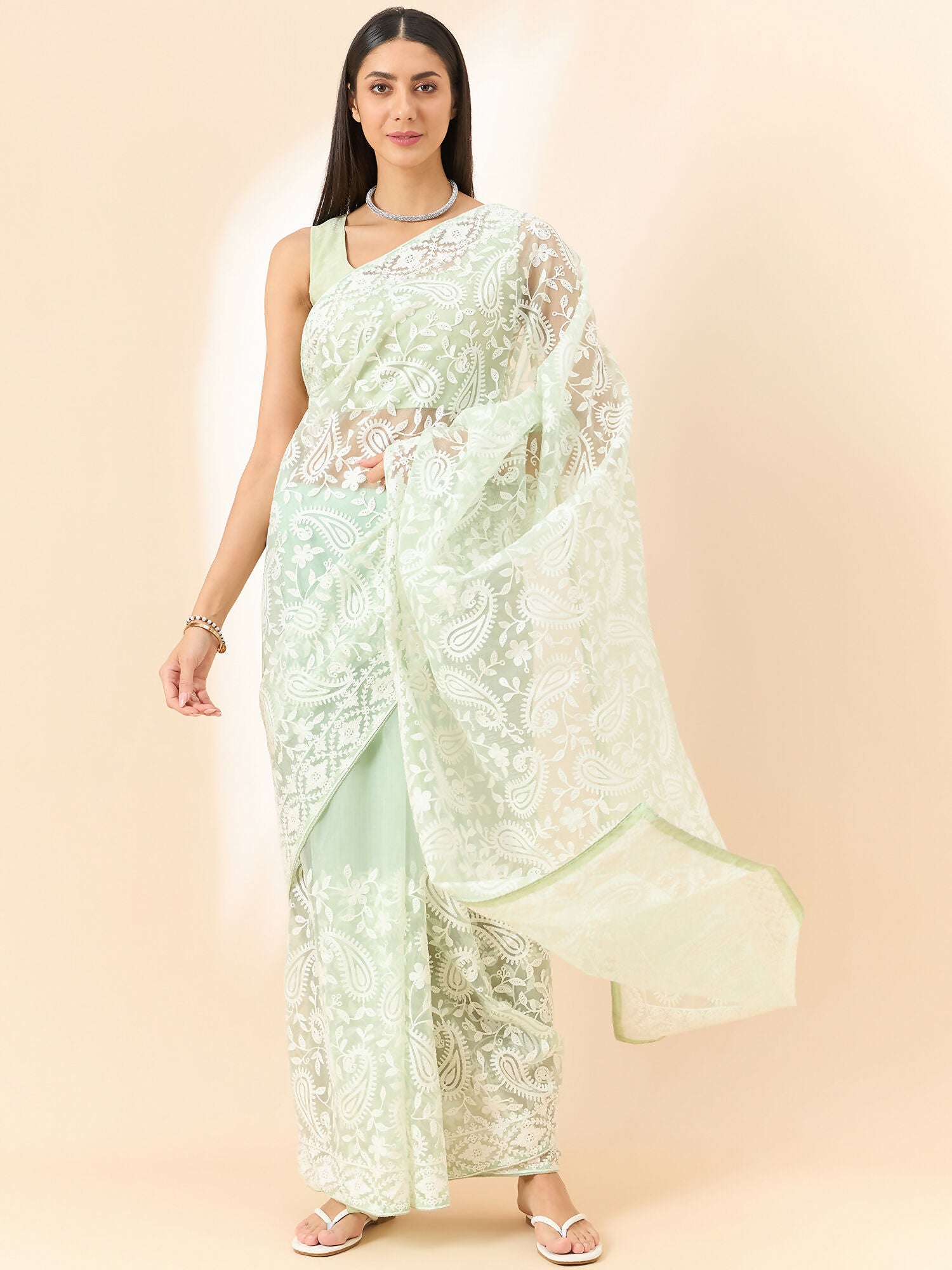 Green Organza Paisely Embroidered Saree with Unstitched Blouse Piece - Roozal - Distacart