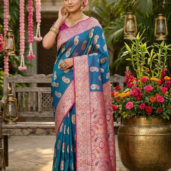 Shree Shyam Fashion Sky Blue Silk Blend Saree - Distacart