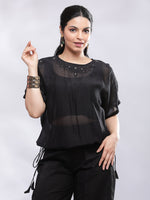 Thumbnail for BohoJazz Signature Mul Two Layer Blouson Kimono Top with Motif - Black