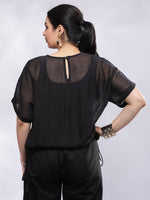Thumbnail for BohoJazz Signature Mul Two Layer Blouson Kimono Top with Motif - Black