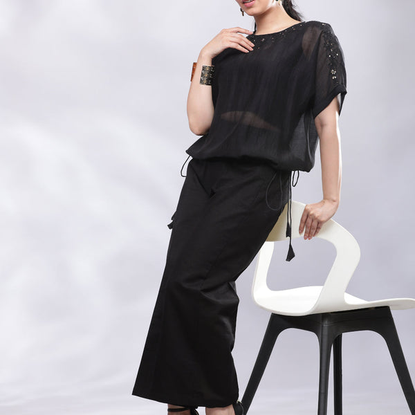 BohoJazz Signature Mul Two Layer Blouson Kimono Top with Motif - Black