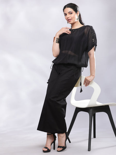 BohoJazz Signature Mul Two Layer Blouson Kimono Top with Motif - Black