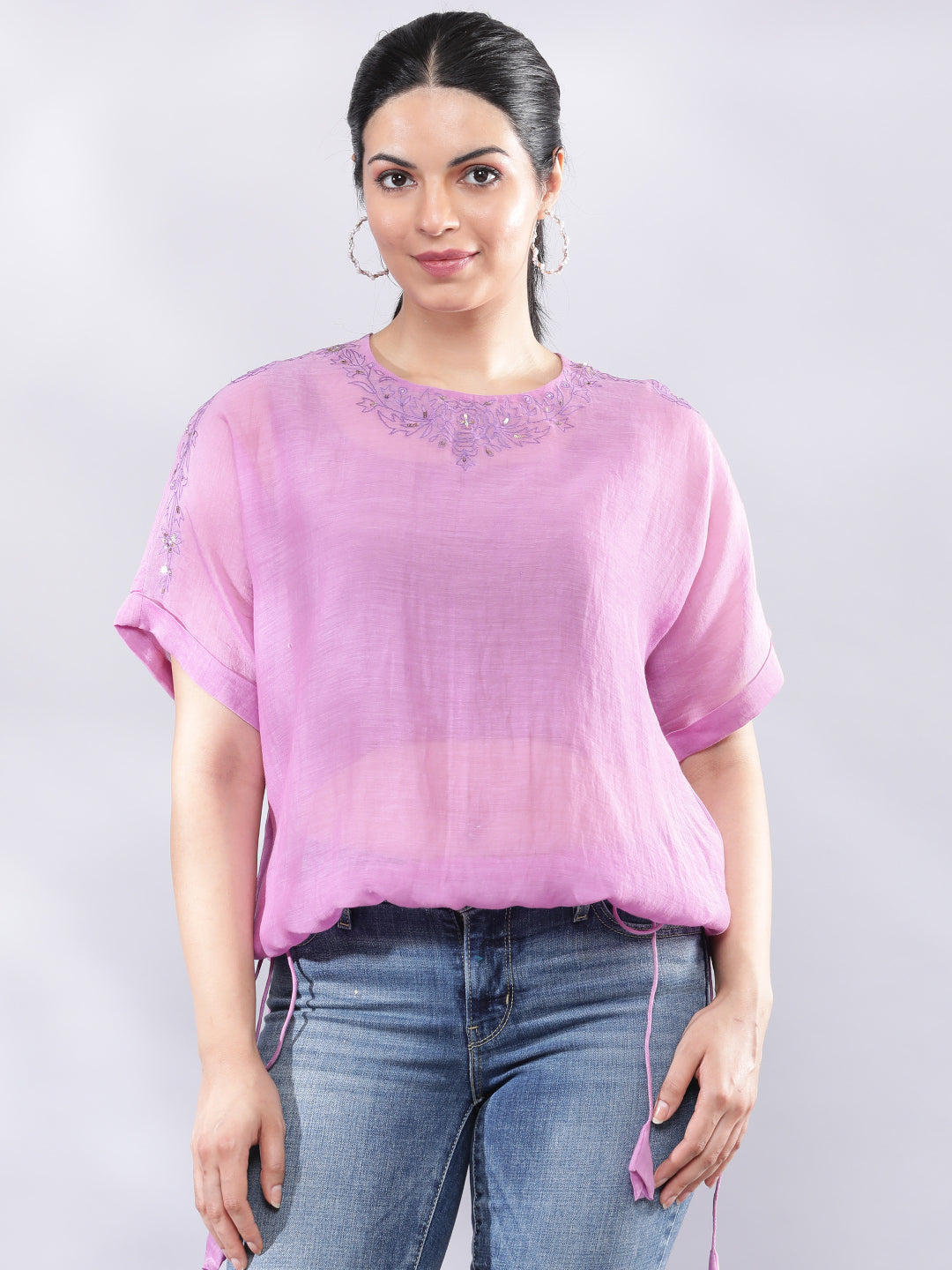 BohoJazz Signature Mul Two Layer Blouson Kimono Top with Motif - Purple