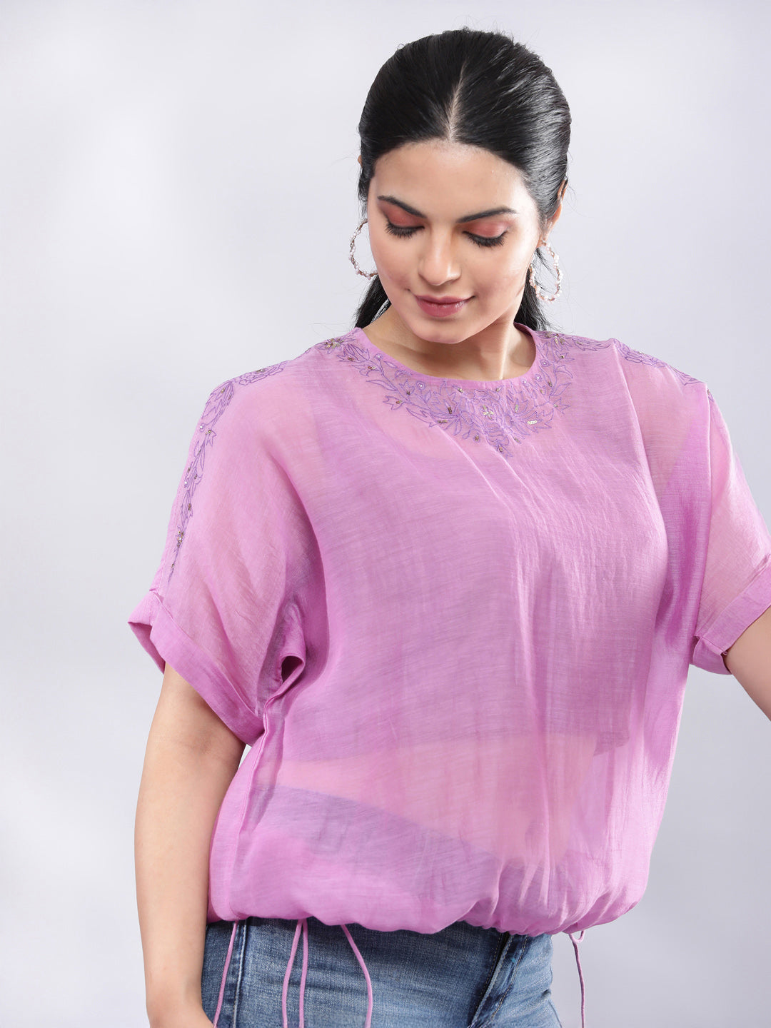 BohoJazz Signature Mul Two Layer Blouson Kimono Top with Motif - Purple