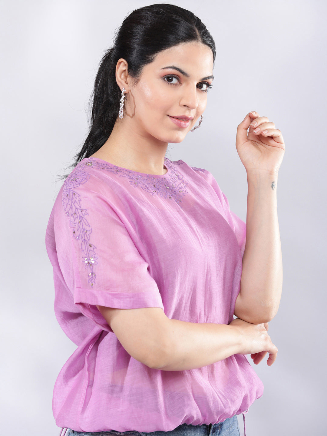 BohoJazz Signature Mul Two Layer Blouson Kimono Top with Motif - Purple