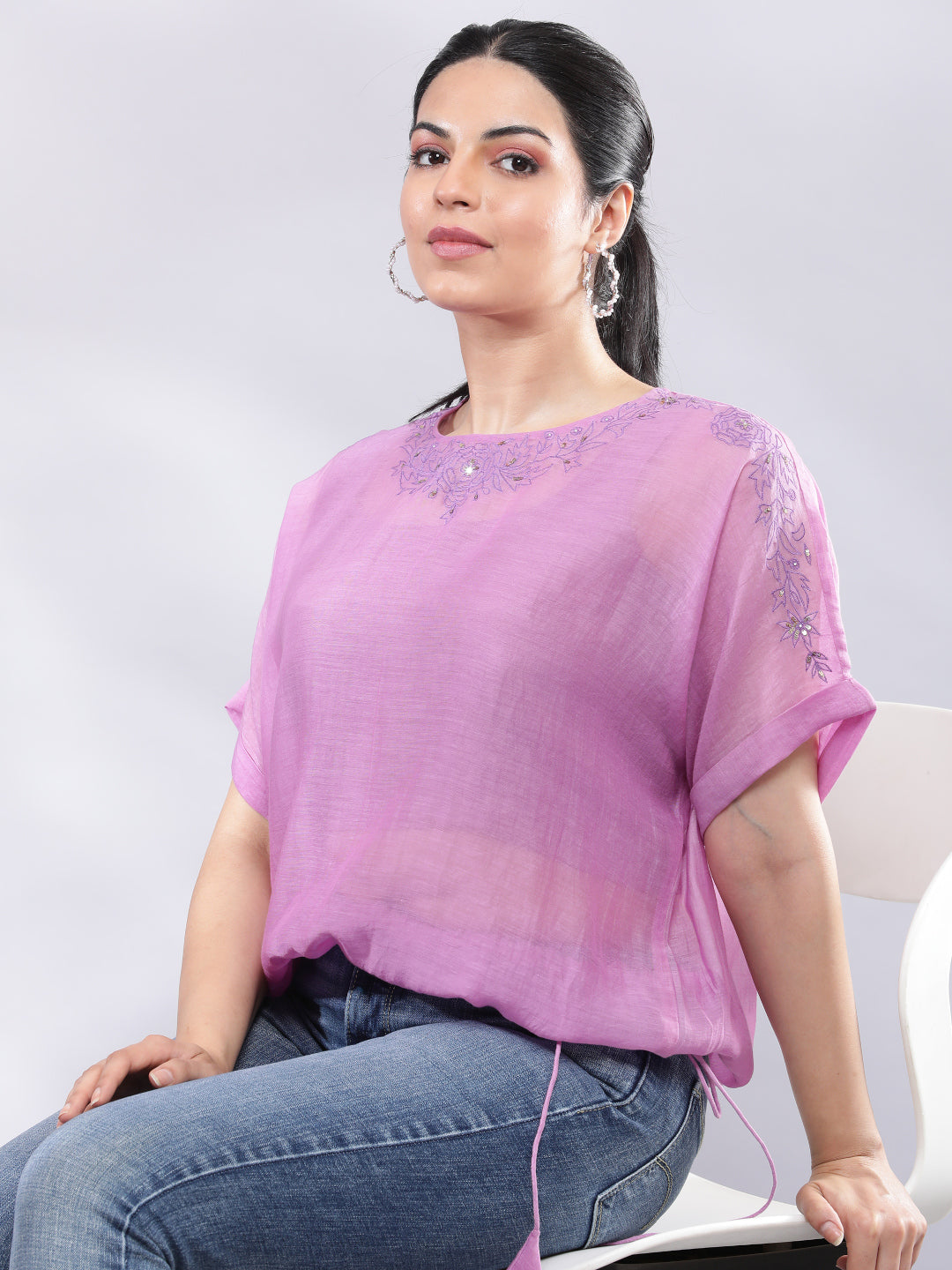 BohoJazz Signature Mul Two Layer Blouson Kimono Top with Motif - Purple