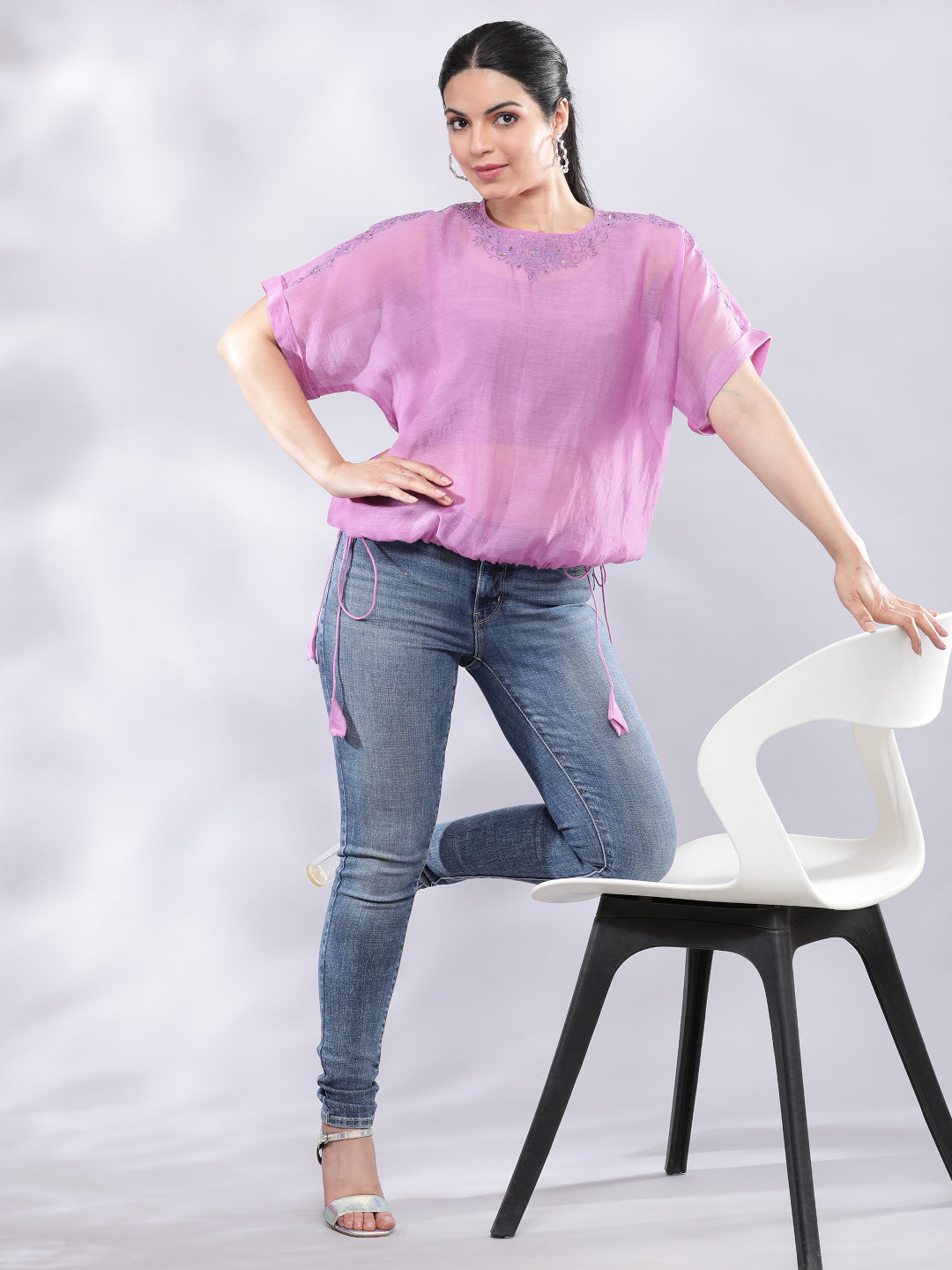 BohoJazz Signature Mul Two Layer Blouson Kimono Top with Motif - Purple