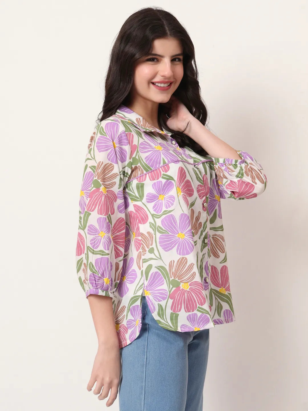 Yufta Multi Cotton Mandarin Collar Shrit Style Top - Distacart