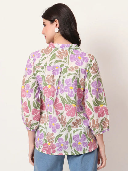 Yufta Multi Cotton Mandarin Collar Shrit Style Top - Distacart