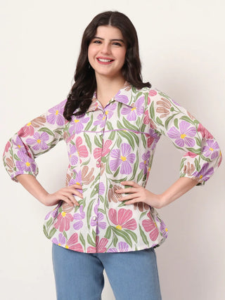 Yufta Multi Cotton Mandarin Collar Shrit Style Top