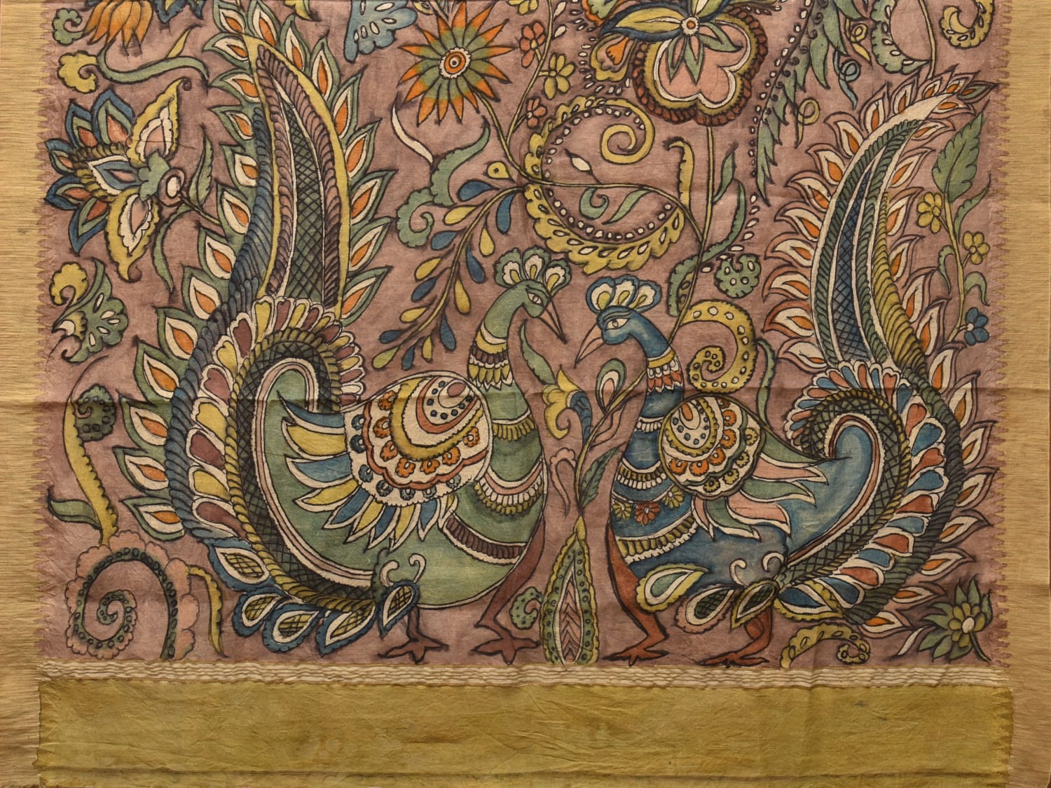 Multicolor Kalamkari Hand Painted Cotton Silk Handloom Saree With Exotic Floral and Peacocks Pallu Design - Global Threads - Distacart