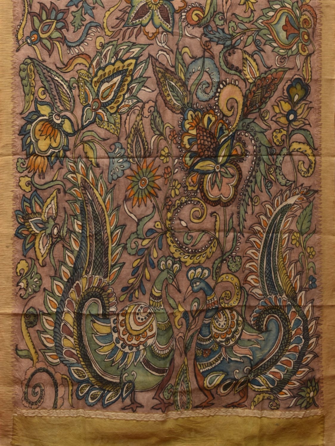 Multicolor Kalamkari Hand Painted Cotton Silk Handloom Saree With Exotic Floral and Peacocks Pallu Design - Global Threads - Distacart
