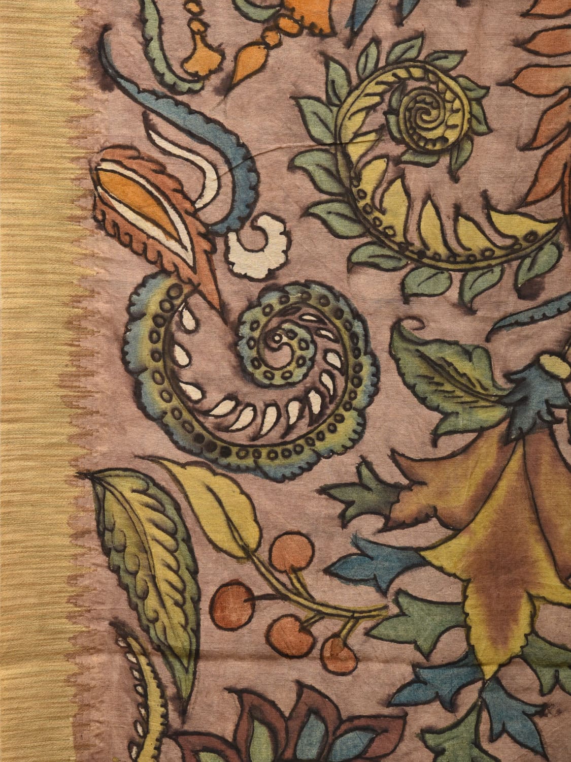Multicolor Kalamkari Hand Painted Cotton Silk Handloom Saree With Exotic Floral and Peacocks Pallu Design - Global Threads - Distacart