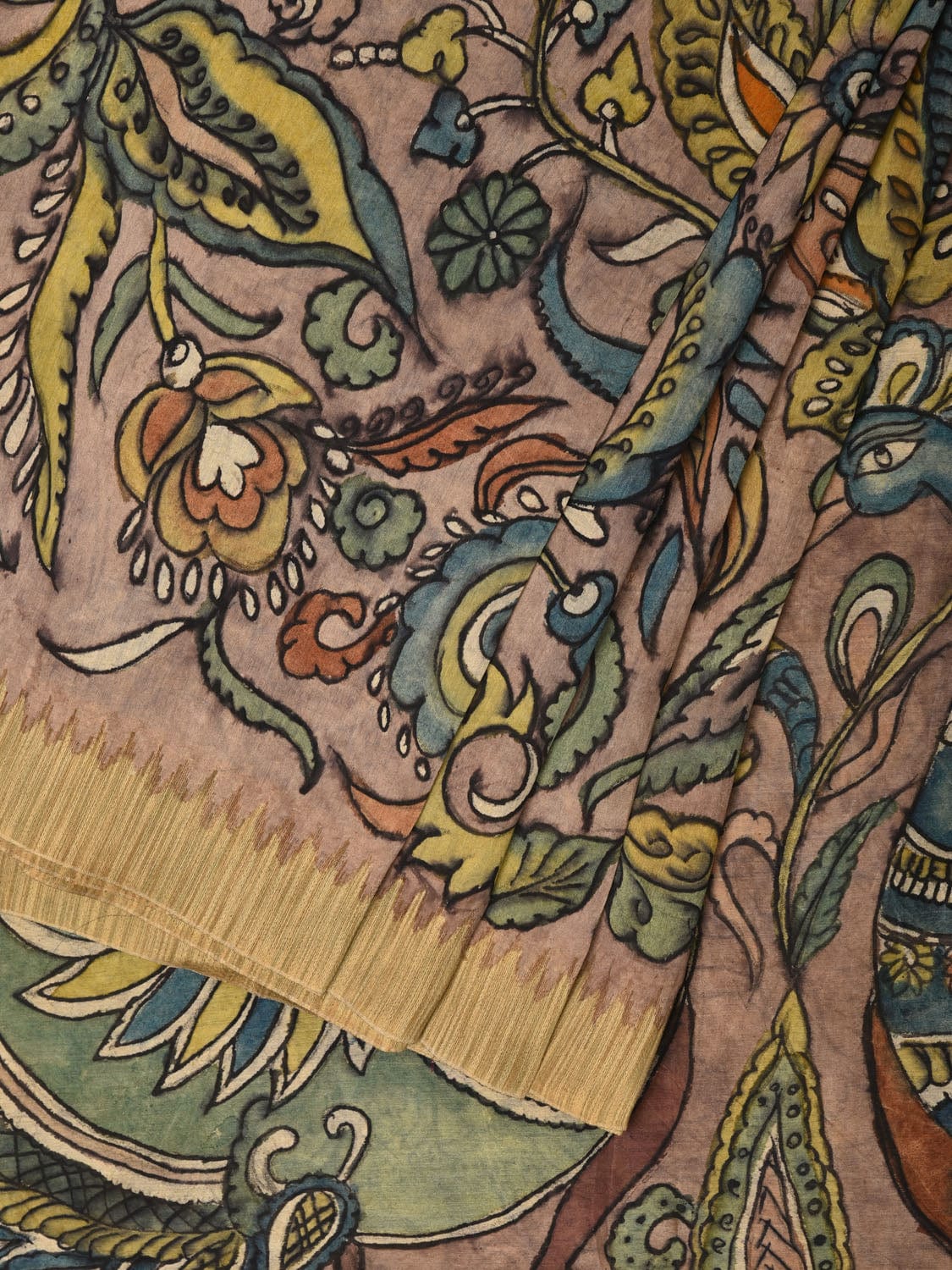 Multicolor Kalamkari Hand Painted Cotton Silk Handloom Saree With Exotic Floral and Peacocks Pallu Design - Global Threads - Distacart