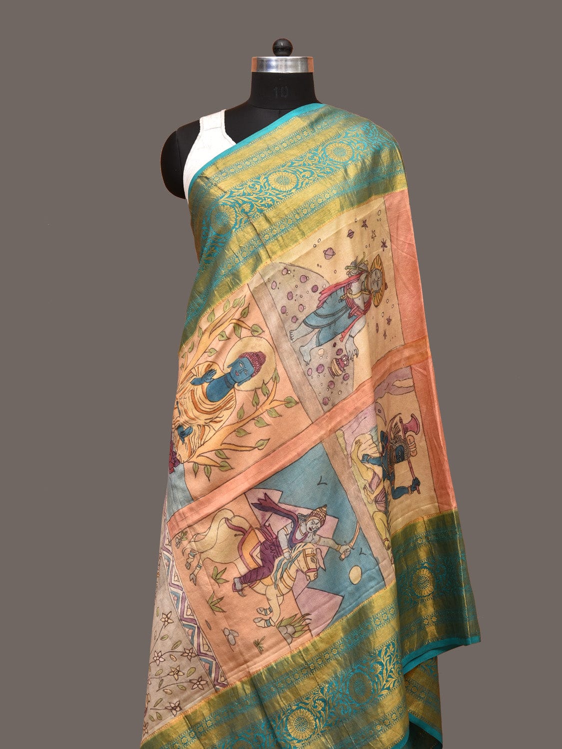 Multicolor Kalamkari Hand Painted Kanchipuram Silk Handloom Dupatta with Dashavatar Design - Global Threads - Distacart