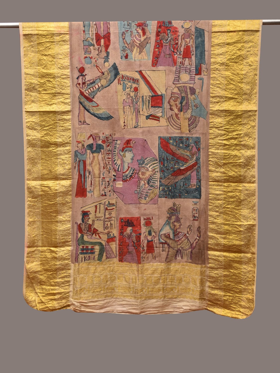 Multicolor Kalamkari Hand Painted Kanchipuram Silk Handloom Dupatta with Egyptian Design - Global Threads - Distacart