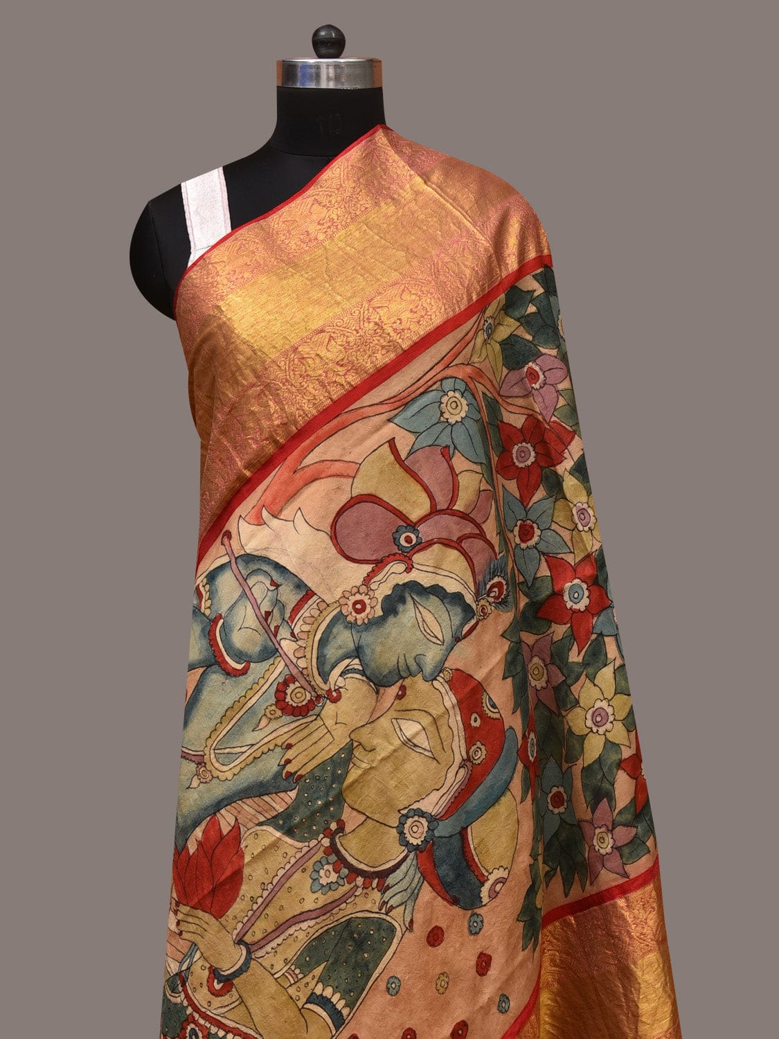 Multicolor Kalamkari Hand Painted Kanchipuram Silk Handloom Dupatta with Krishna Design - Global Threads - Distacart