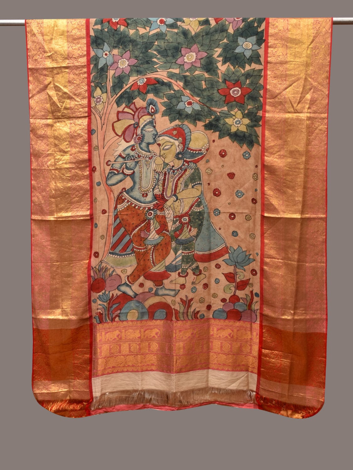 Multicolor Kalamkari Hand Painted Kanchipuram Silk Handloom Dupatta with Krishna Design - Global Threads - Distacart