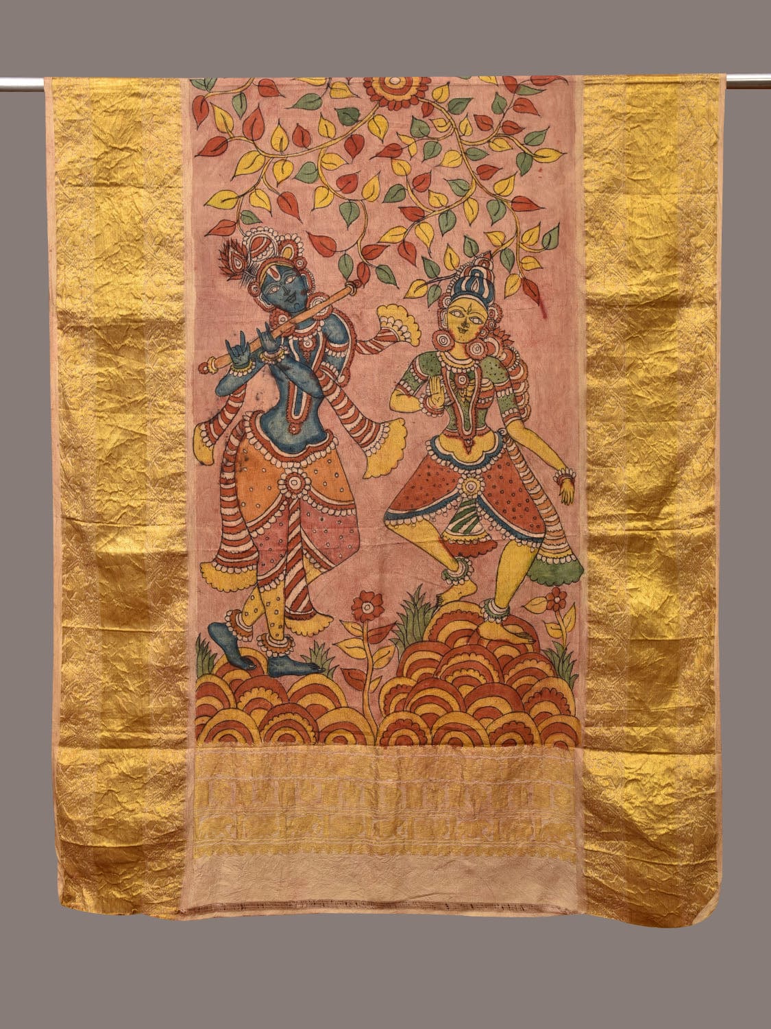 Multicolor Kalamkari Hand Painted Kanchipuram Silk Handloom Dupatta with Krishna Design - Global Threads - Distacart