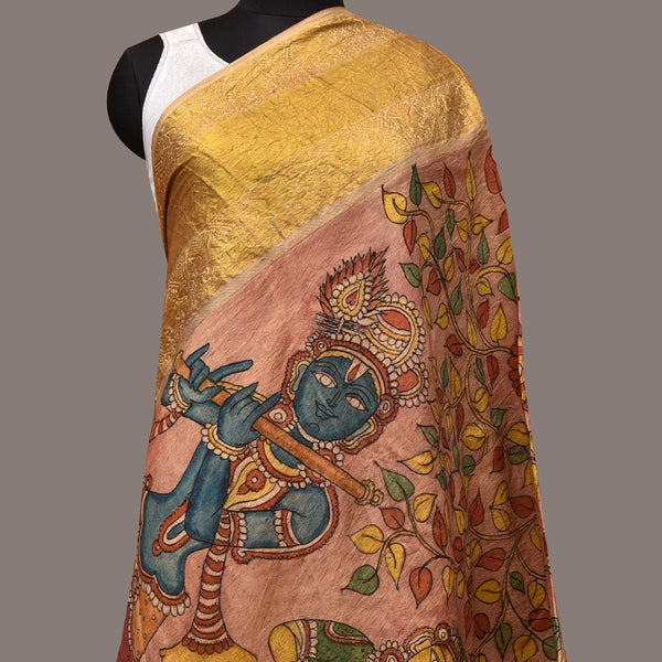 Multicolor Kalamkari Hand Painted Kanchipuram Silk Handloom Dupatta with Krishna Design - Global Threads - Distacart
