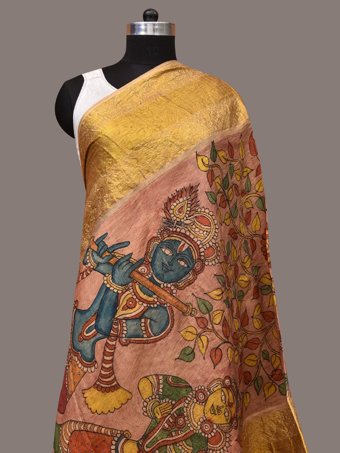 Multicolor Kalamkari Hand Painted Kanchipuram Silk Handloom Dupatta with Krishna Design - Global Threads - Distacart