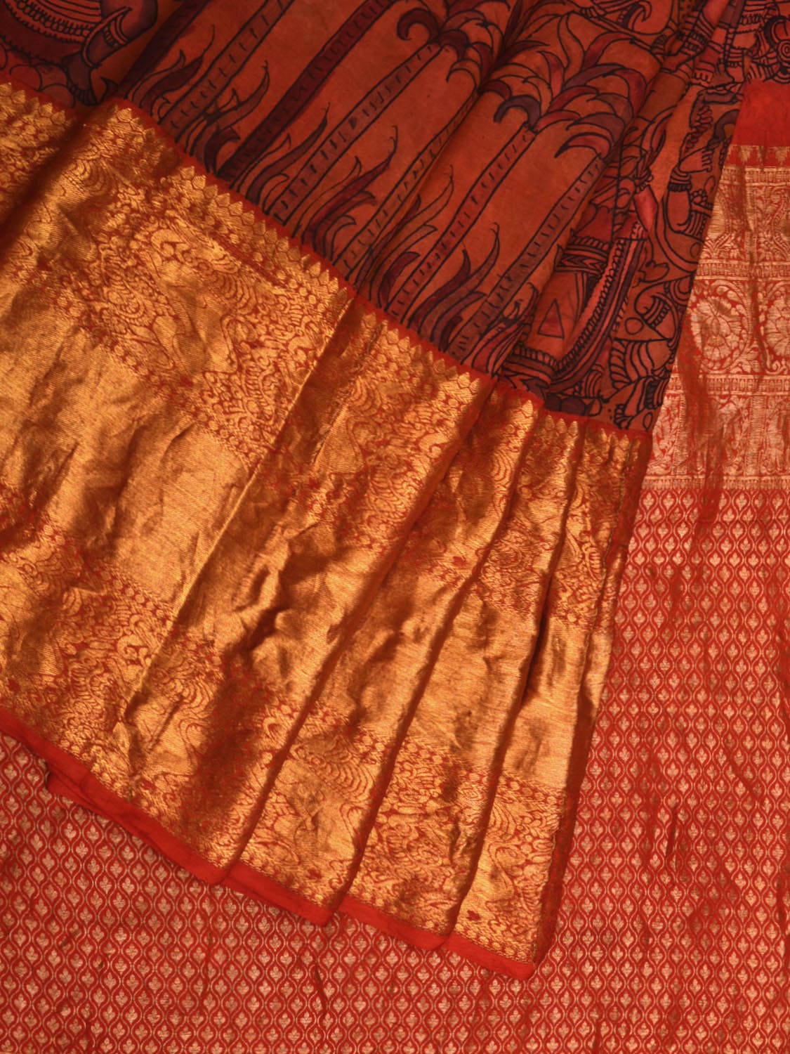 Multicolor Kalamkari Hand Painted Kanchipuram Silk Handloom Saree with Ramayana Design - Global Threads - Distacart