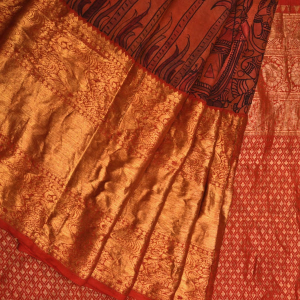 Multicolor Kalamkari Hand Painted Kanchipuram Silk Handloom Saree with Ramayana Design - Global Threads - Distacart