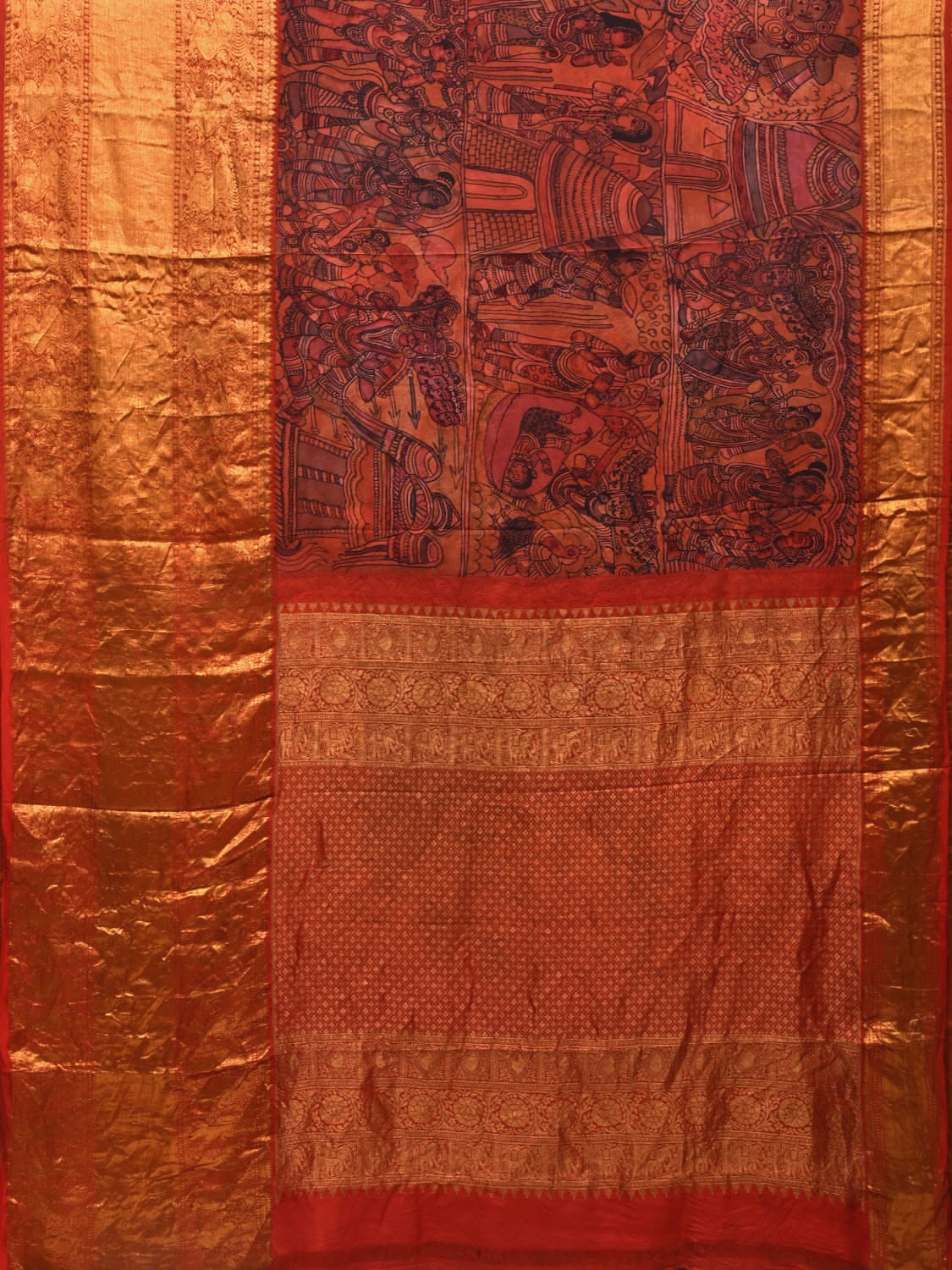 Multicolor Kalamkari Hand Painted Kanchipuram Silk Handloom Saree with Ramayana Design - Global Threads - Distacart