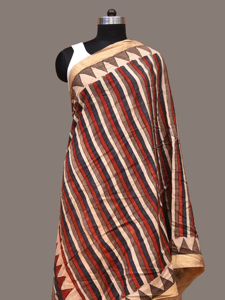 Multicolor Kalamkari Hand Painted Sico Handloom Dupatta with Strips Design - Global Threads - Distacart