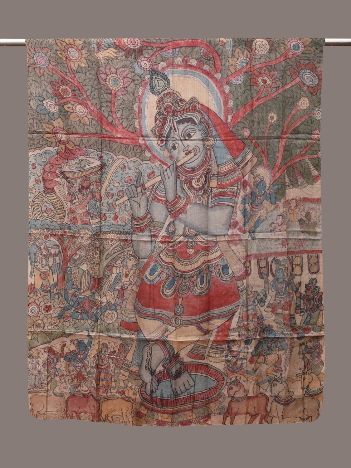 Multicolor Kalamkari Hand Painted Tussar Handloom Dupatta with Krishna Design - Global Threads - Distacart