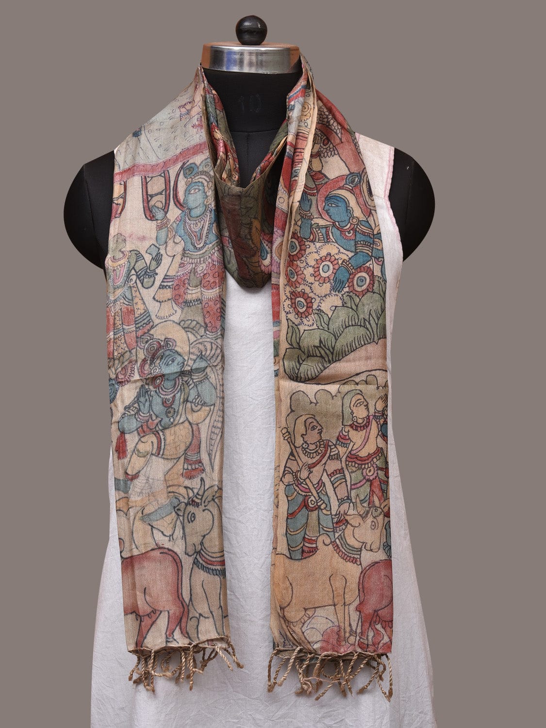 Multicolor Kalamkari Hand Painted Tussar Handloom Dupatta with Krishna Design - Global Threads - Distacart