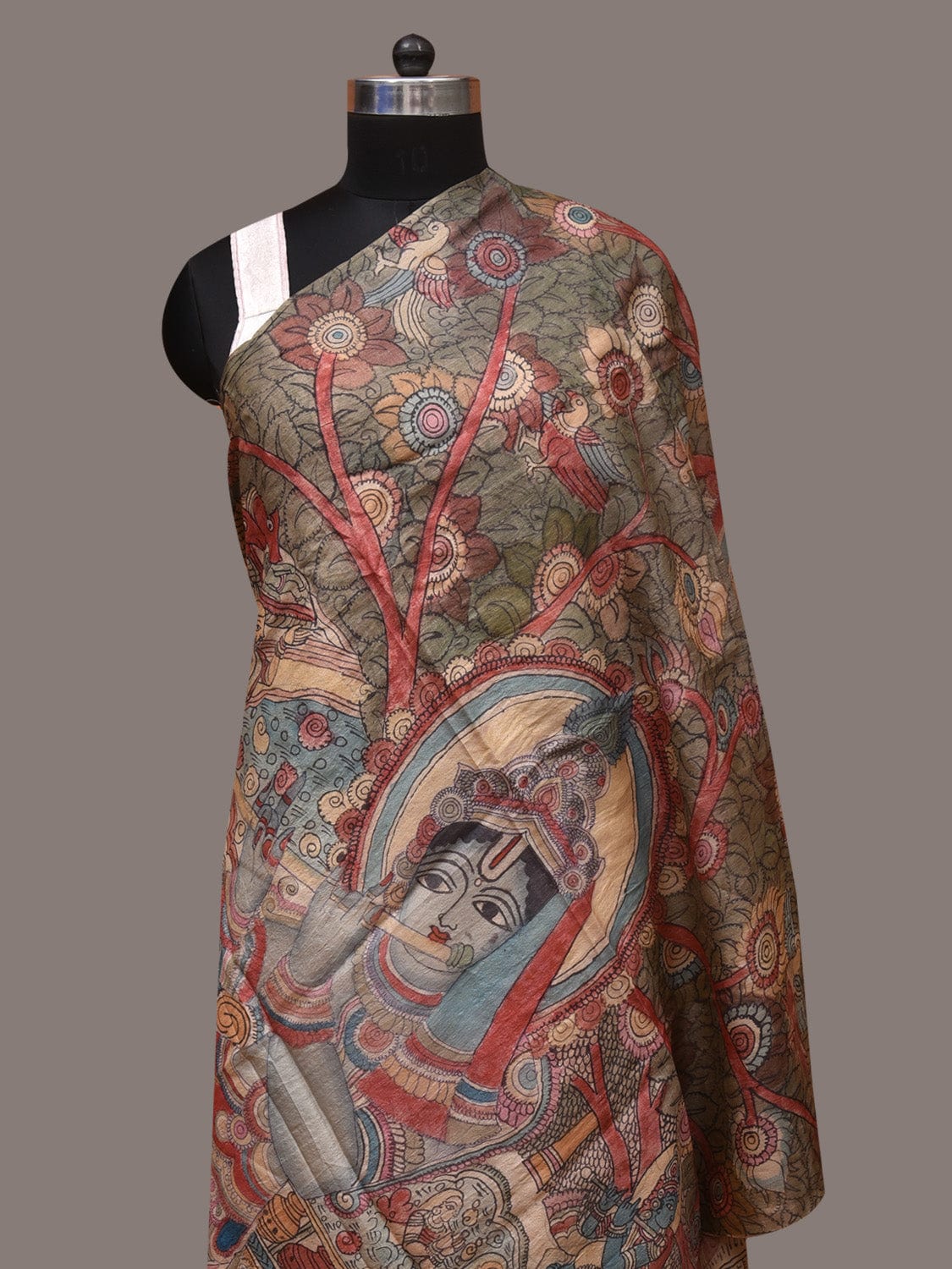 Multicolor Kalamkari Hand Painted Tussar Handloom Dupatta with Krishna Design - Global Threads - Distacart