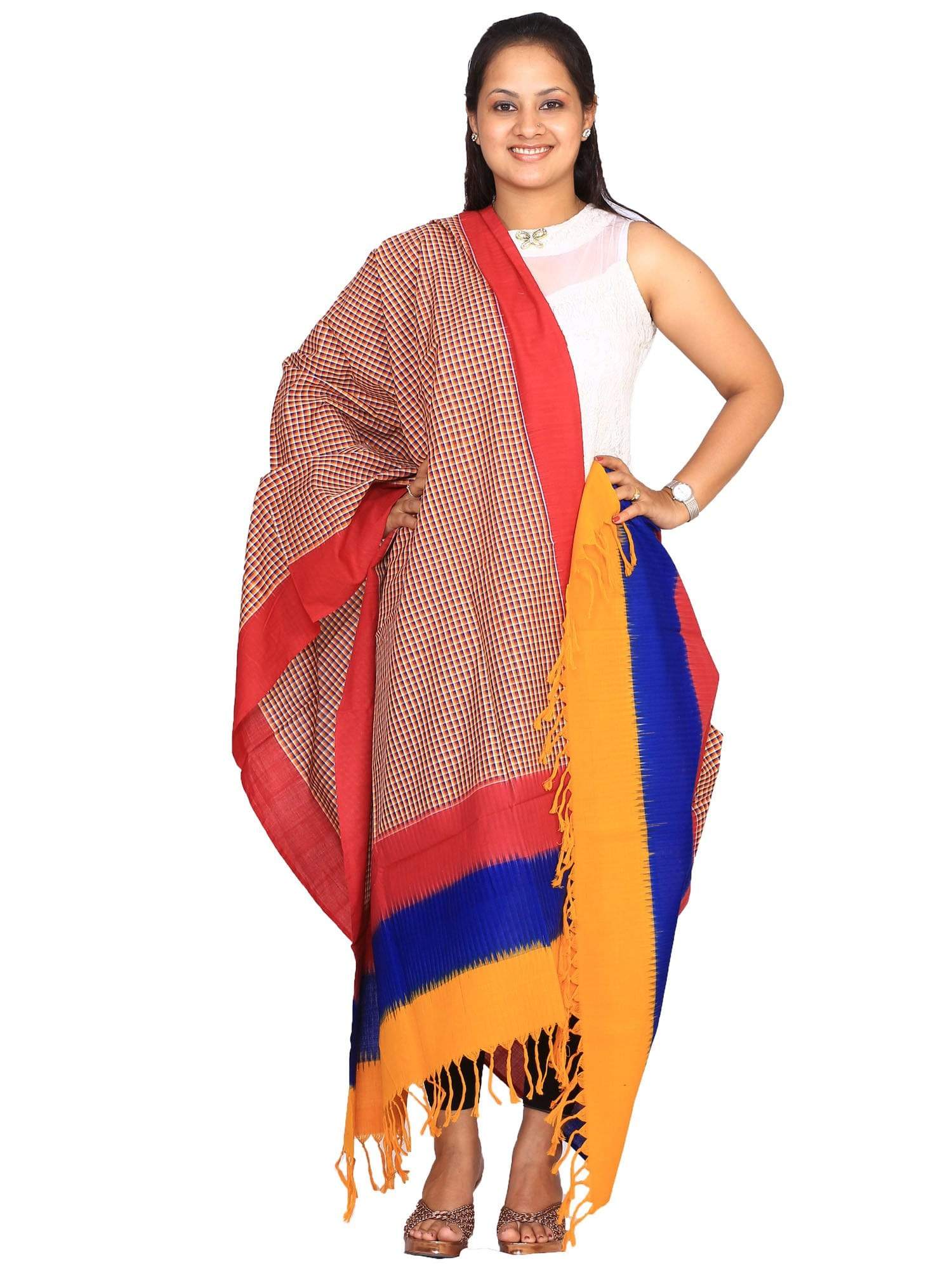 Multicolor Pochampally or Ikat Cotton Handloom Dupatta - Global Threads - Distacart