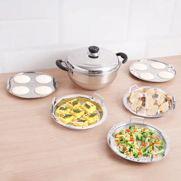 The Indus Valley 8 Pit Tri-Steel Multi Pot Premium Stainless Steel Idli/ Dhokla/ Momo Maker/ Veg Steaming Set, Tri-ply Induction Bottom, 5 Plates, 3L - Distacart