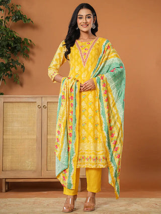 Yufta Muslin Mustard Hand_Embroidery Kurta Dupatta Pant Set - Distacart